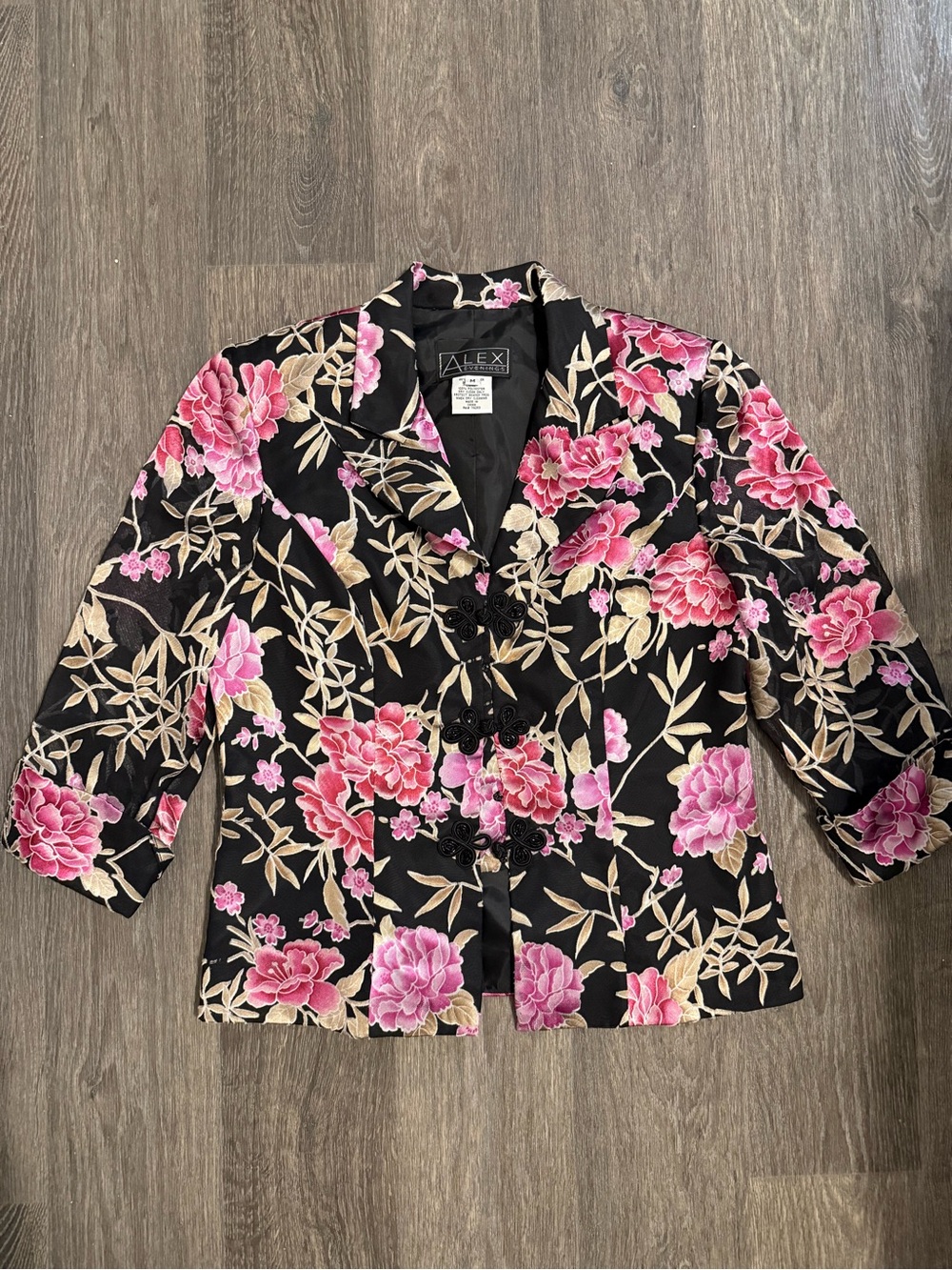 Alex Evenings Vintage Floral Embroidered Black Jacket with Pink Blooms